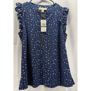 Michael Michael Kors Blue Floral 1/2 Zip Up Womens Blouse Sz L NWT